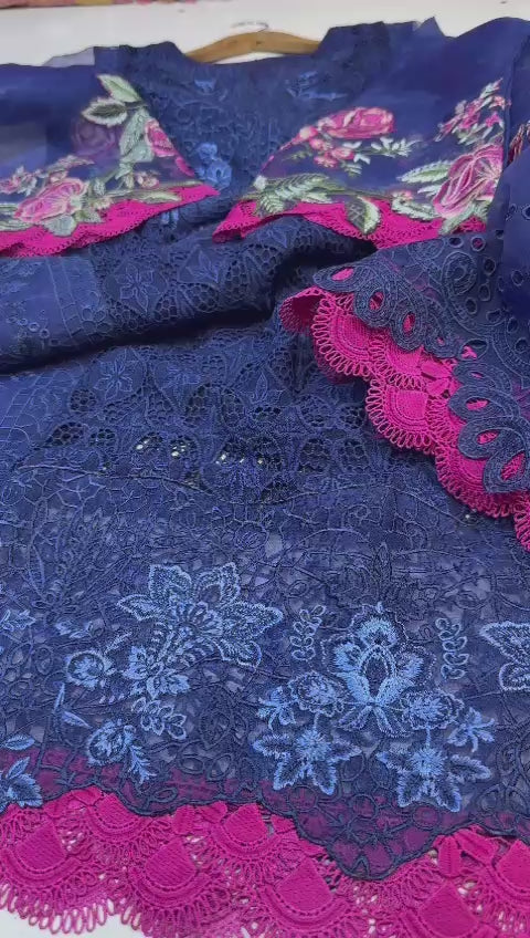 Bedar’s ( most beautiful code ) (organza fabric with loan inner) ( 4pc) ( heavy emb ) ( blue code ) ( dispatch date 30 April 25