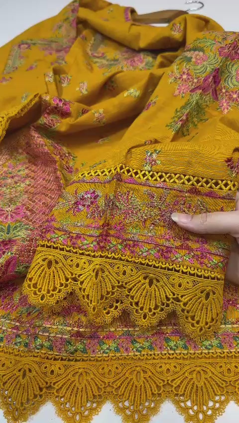 (A) Bedar's embroided khaddar (2pc)(stitch new collection)(pink green mustard embroidery )