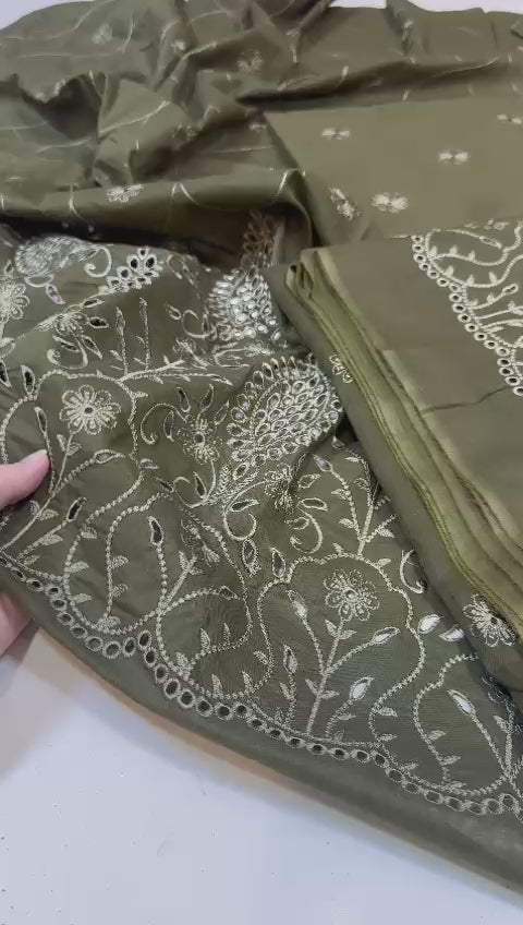 (A) Feroza embroided chicken kari lawn (3pc)(unstitch new collection)(green  chickenkari )