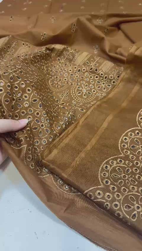 (A) Feroza embroided chicken kari lawn (3pc)(unstitch new collection)( rust chickenkari )