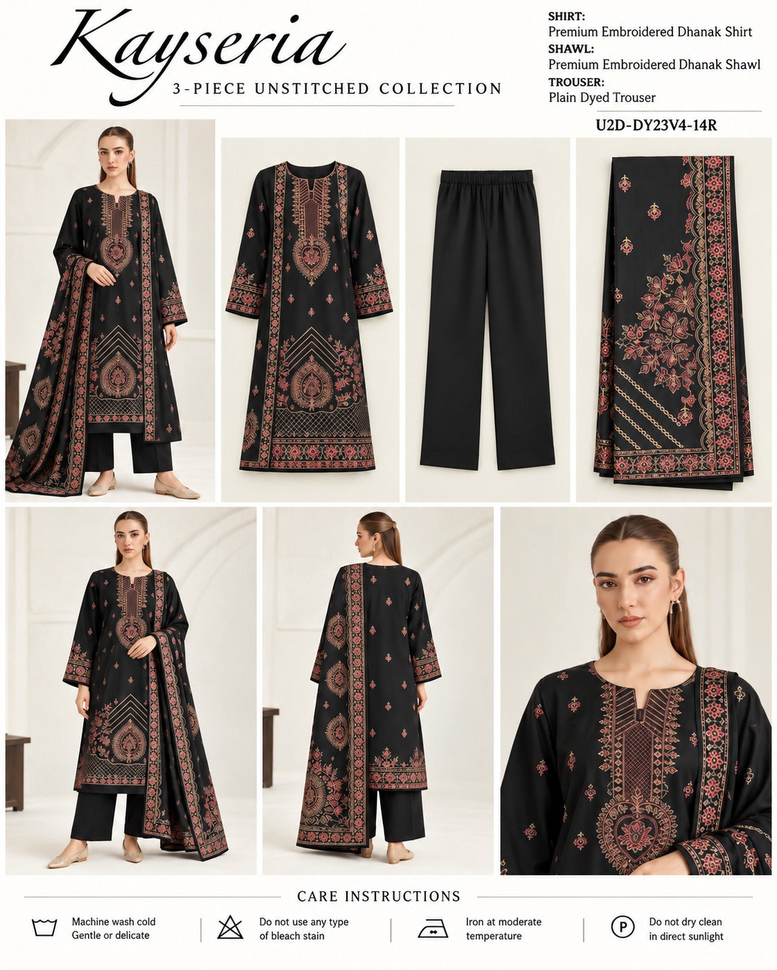 Kayseria black embroidered Dhanak three piece suit product card