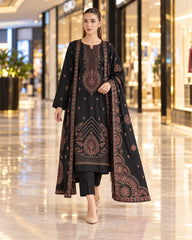 Kayseria black embroidered Dhanak three piece suit modeled