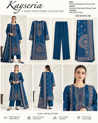 Kayseria Royal Blue 3 piece embroidered Dhanak suit description photo card