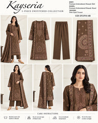 Kayseria Chocolate Brown 3 piece embroidered Dhanak suit description photo card