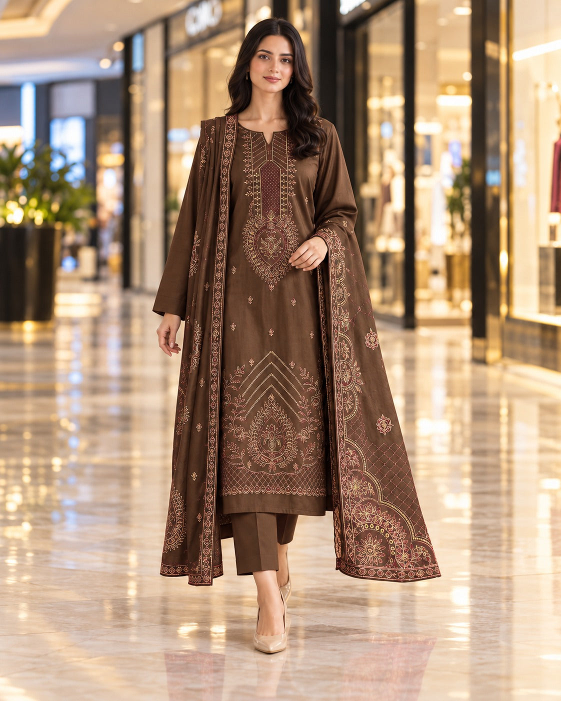 Kayseria Chocolate Brown Dhanak embroidered suit shown on model