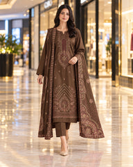Kayseria Chocolate Brown Dhanak embroidered suit shown on model
