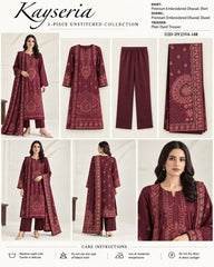 Kayseria Maroon 3 piece embroidered Dhanak suit description photo card