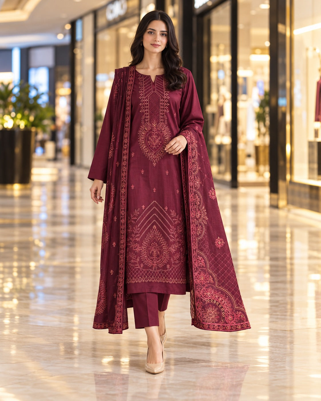 Kayseria Maroon Dhanak embroidered suit shown on model