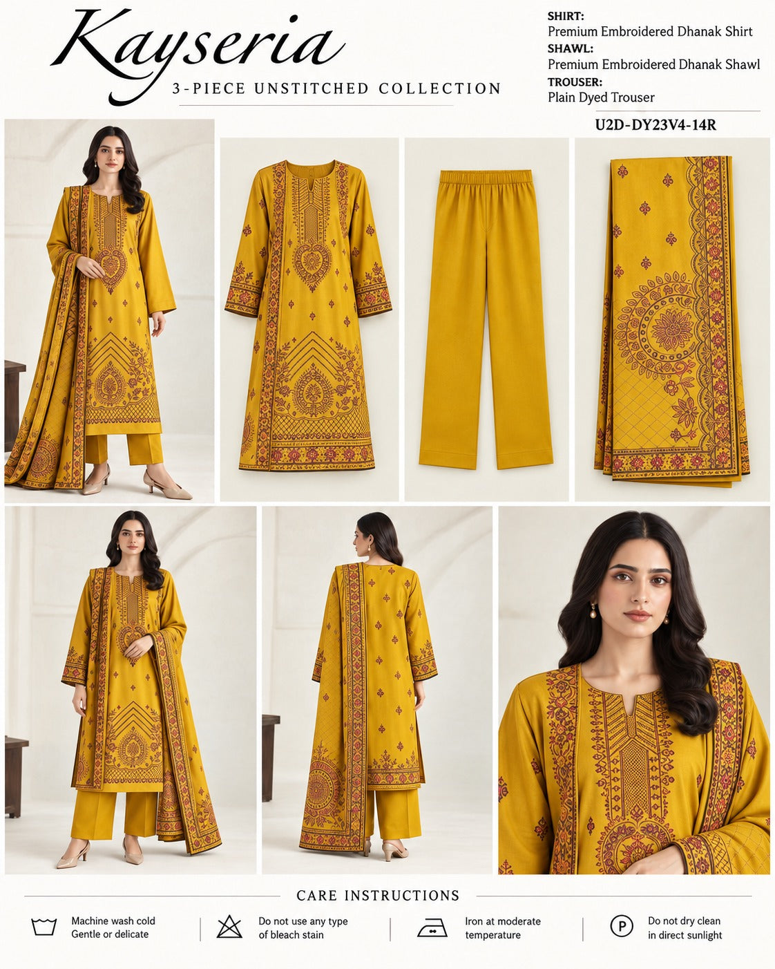 Kayseria Mustard Yellow 3 piece embroidered Dhanak suit description photo card