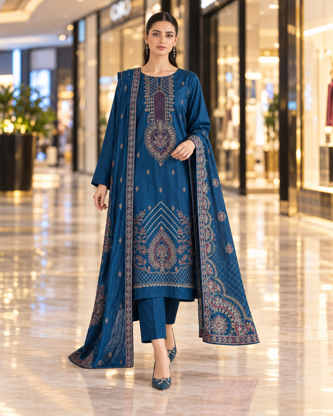 Kayseria Mustard Yellow Dhanak embroidered suit shown on model