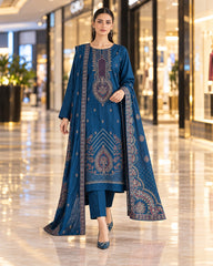 Kayseria Mustard Yellow Dhanak embroidered suit shown on model