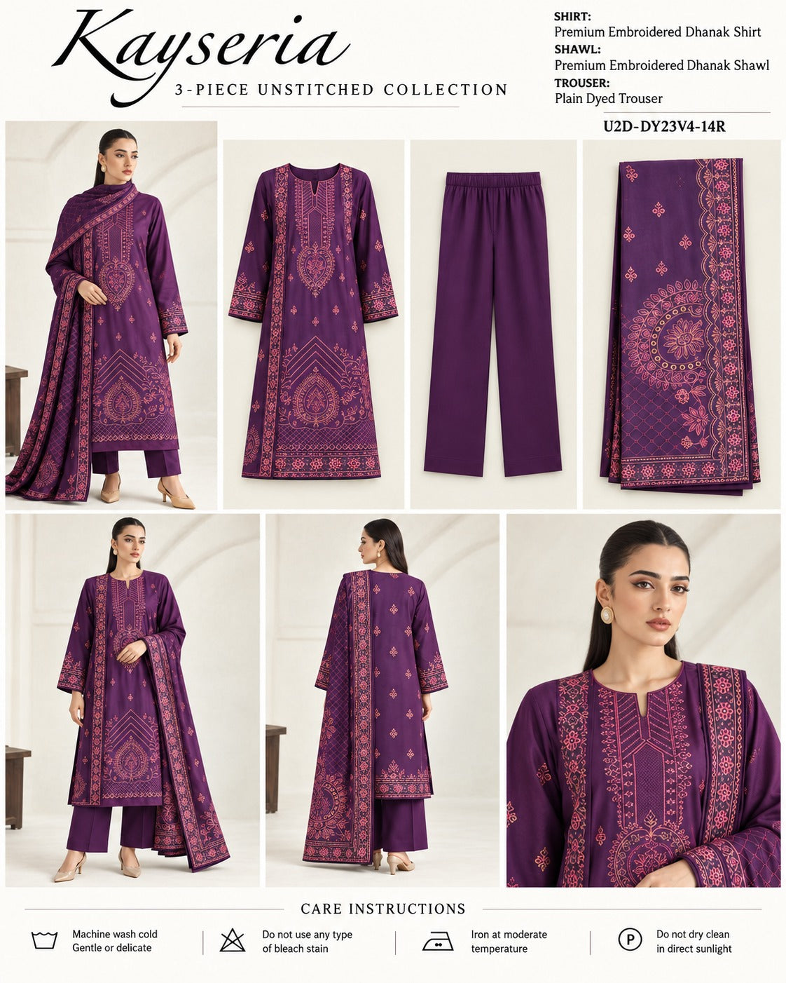 Kayseria Purple 3 piece embroidered Dhanak suit description photo card
