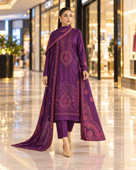 Kayseria Purple Dhanak embroidered suit shown on model