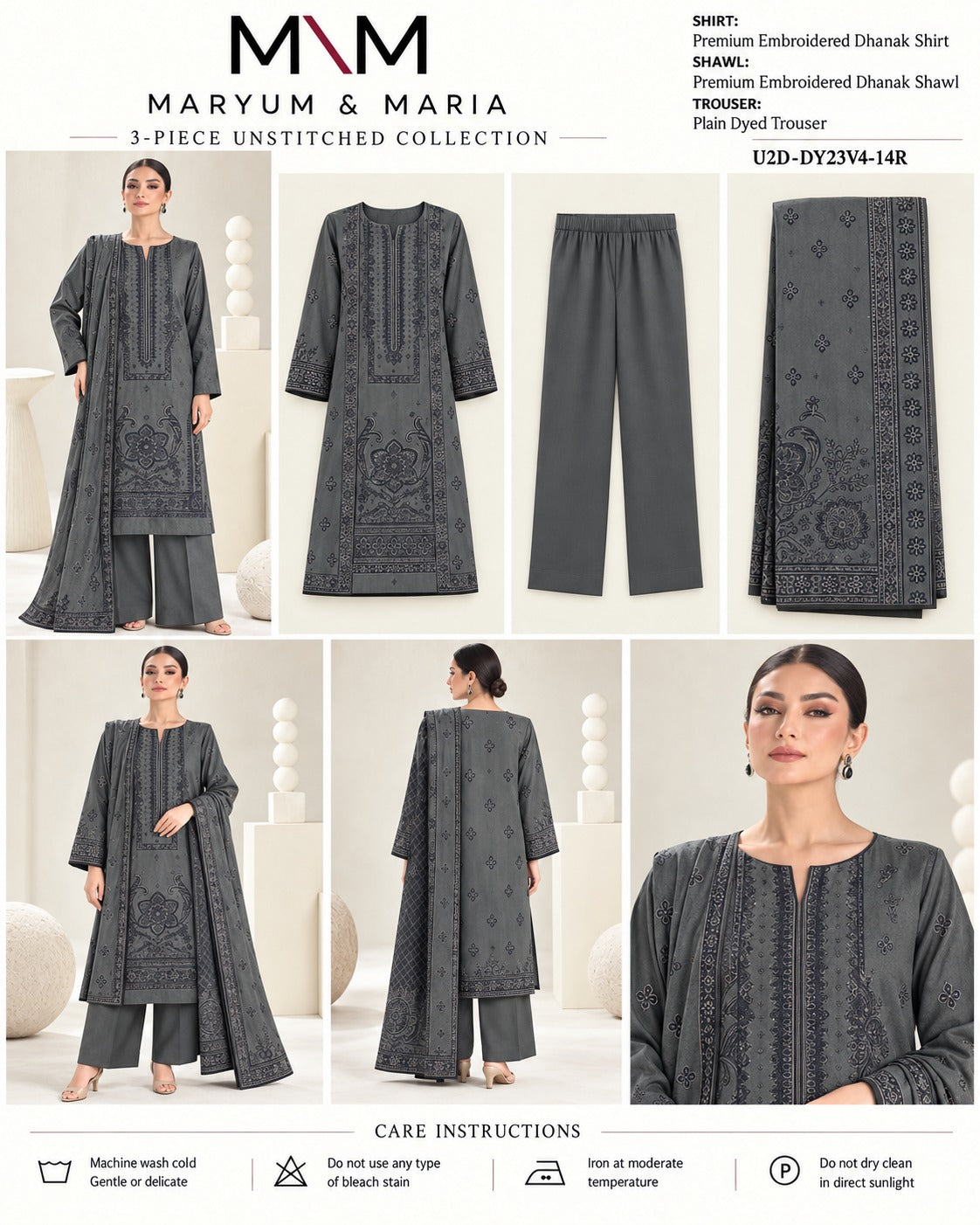 Maryum and Maria Charcoal Grey 3 piece unstitched Dhanak product card