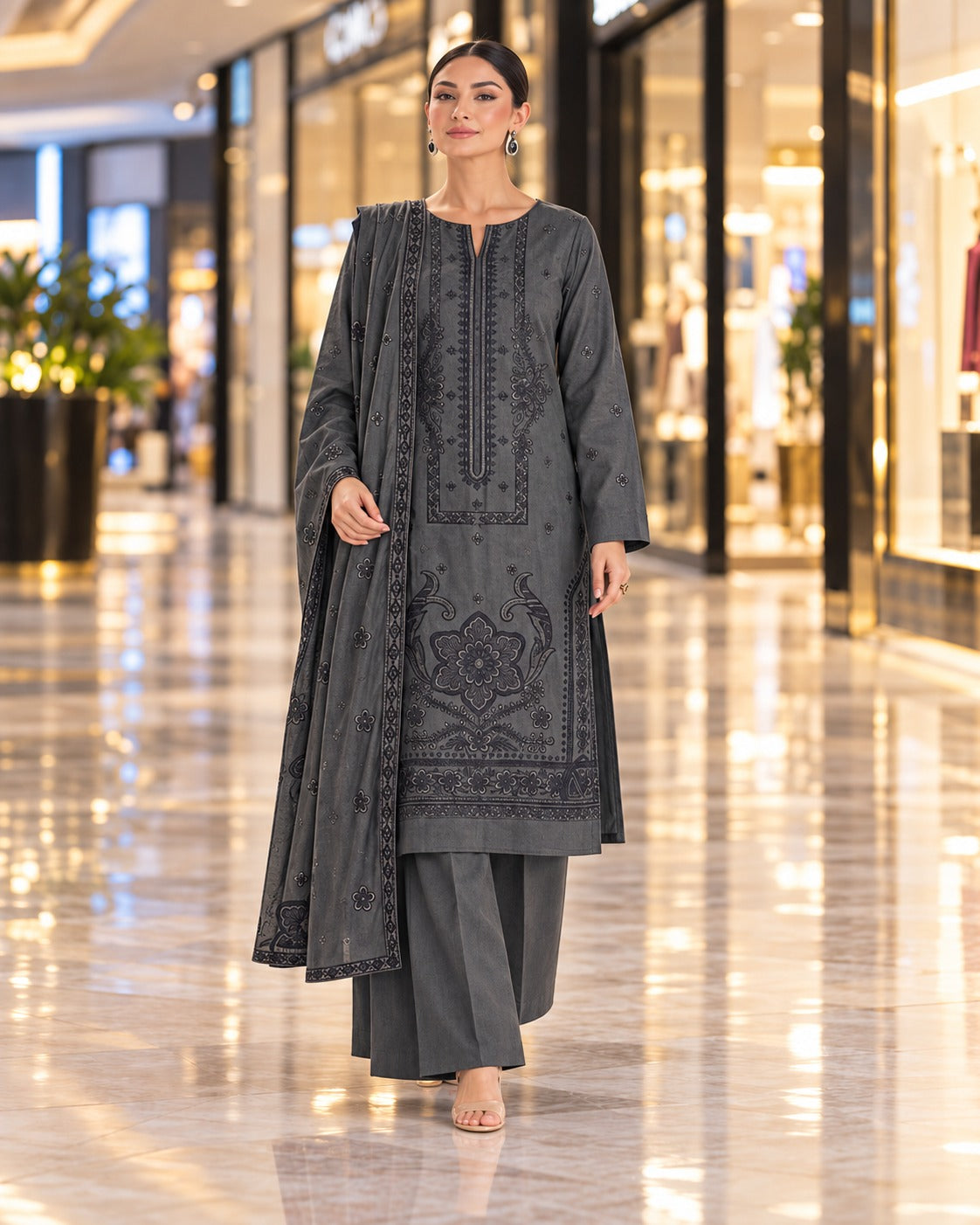 Maryum and Maria Charcoal Grey Dhanak 3-piece suit on model
