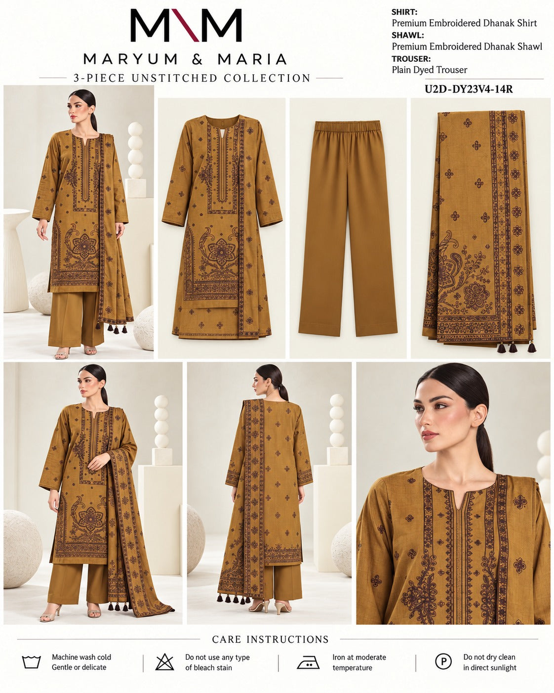 Maryum and Maria Mustard Gold 3 piece unstitched Dhanak product card