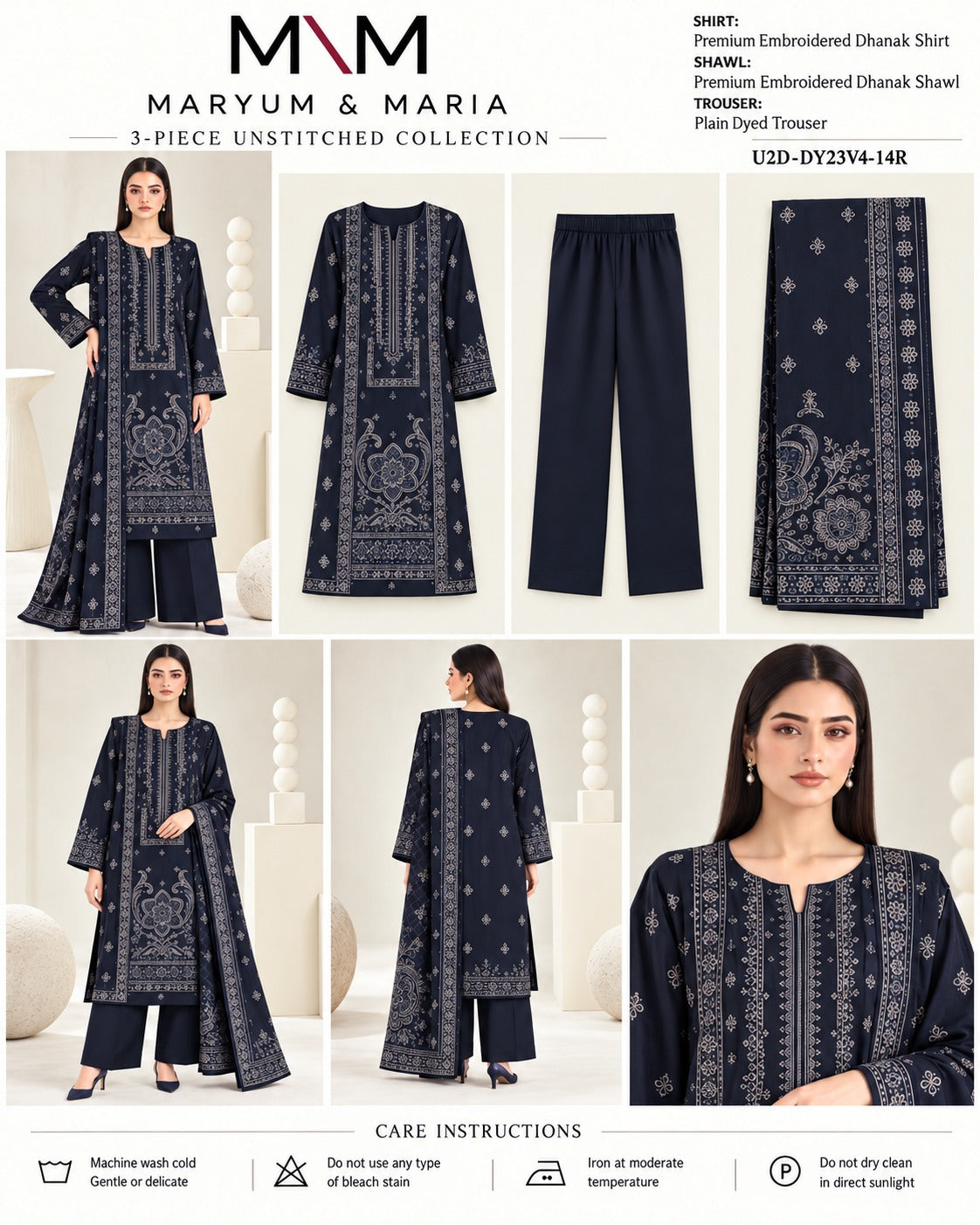 Maryum and Maria Navy Blue 3 piece unstitched Dhanak product card