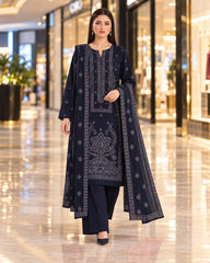 Maryum and Maria Navy Blue Dhanak 3-piece suit on model