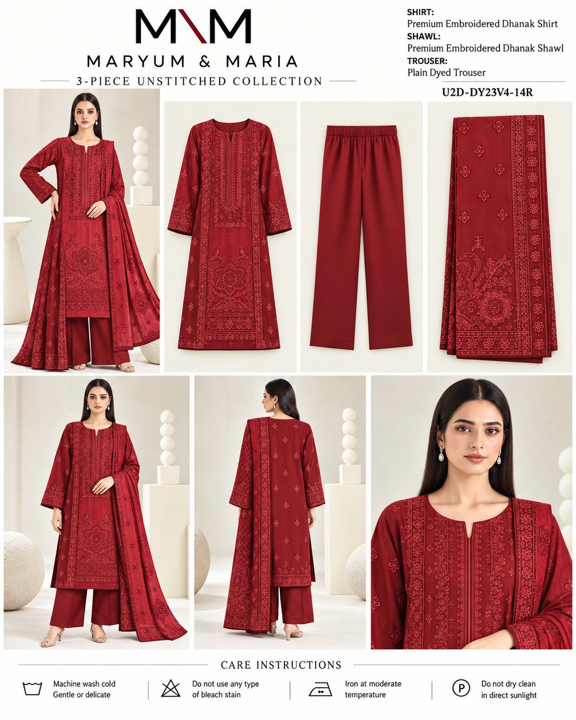 Maryum and Maria Crimson Red 3 piece unstitched Dhanak product card