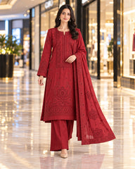 Maryum and Maria Crimson Red Dhanak 3-piece suit on model