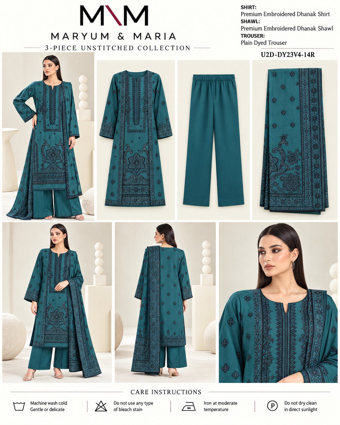 Maryum and Maria Teal 3 piece unstitched Dhanak product card