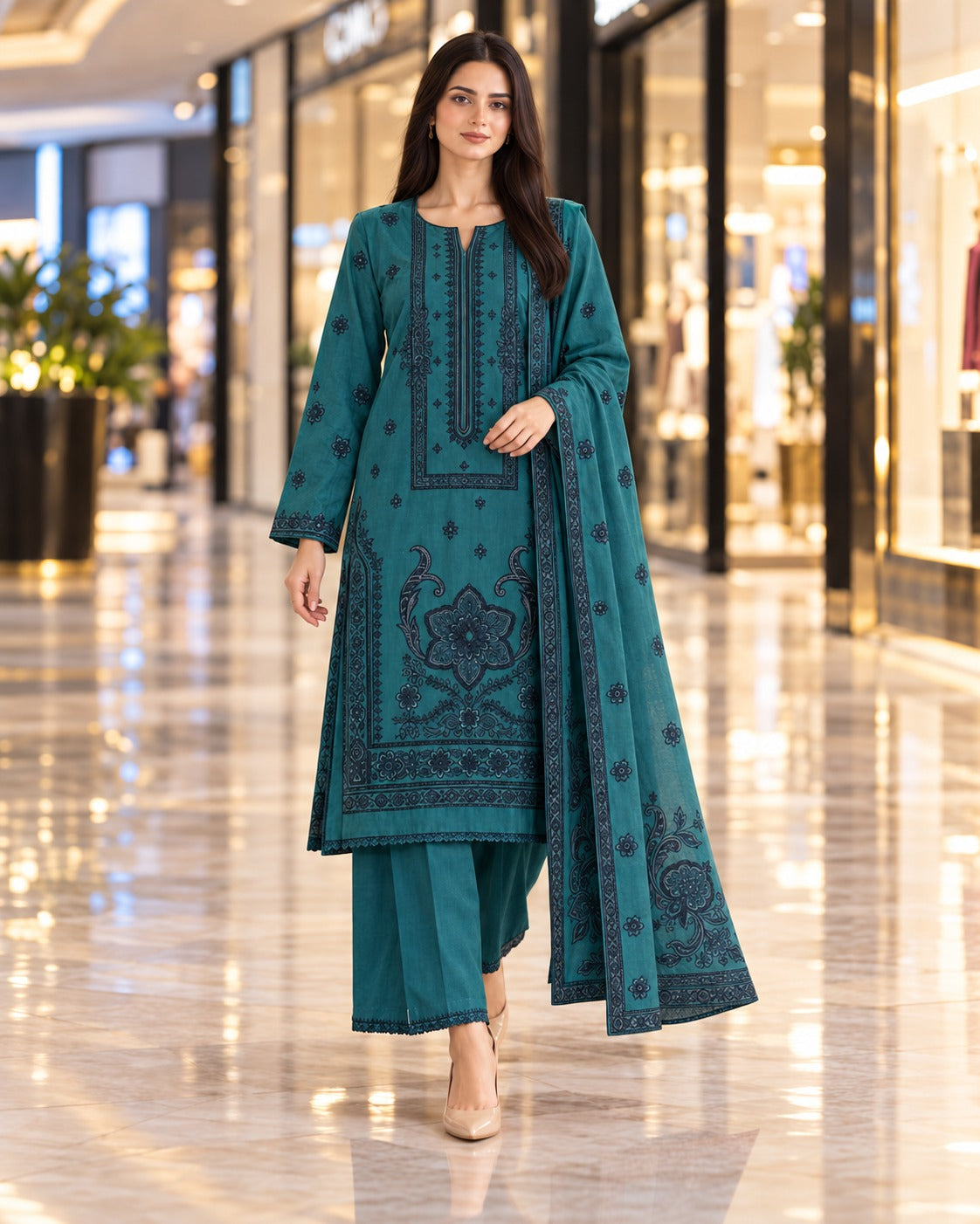 Maryum and Maria Teal Dhanak 3-piece suit on model