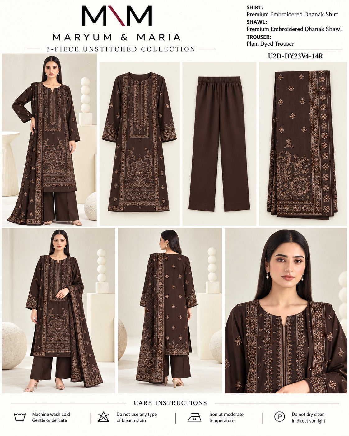 Maryum and Maria chocolate brown embroidered Dhanak three-piece unstitched suit product card with shirt shawl and trouser