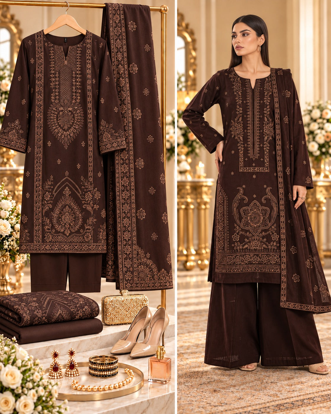Chocolate brown Maryum and Maria embroidered Dhanak suit displayed on model beside matching fabric