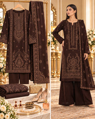 Chocolate brown Maryum and Maria embroidered Dhanak suit displayed on model beside matching fabric