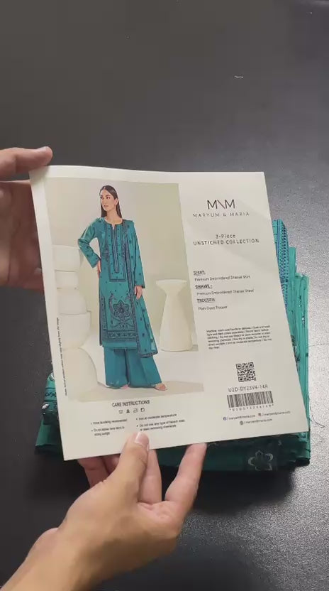 Maryum & Maria 3 Piece Embroidered Dhanak Unstitched Suit – Teal