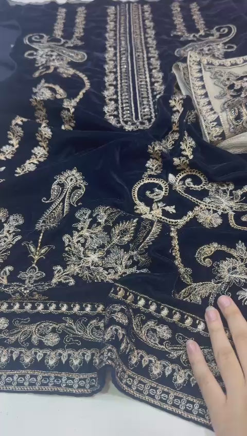 (A) Bedar's embroided velvet (3pc)(unstitch new collection) with (cotton net dupatta)