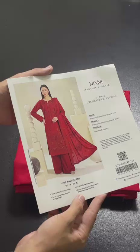 Maryum & Maria 3 Piece Embroidered Dhanak Unstitched Suit – Crimson Red
