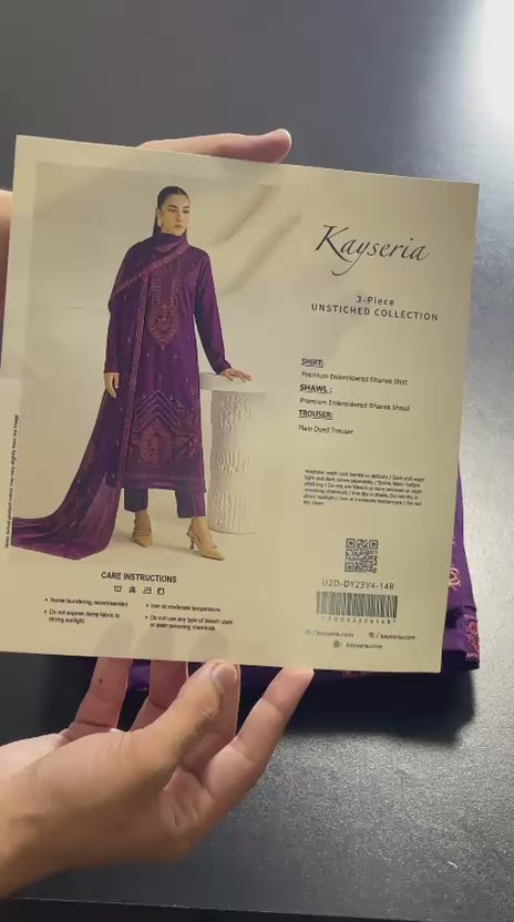 Kayseria 3 Piece Embroidered Dhanak Unstitched Suit – Purple
