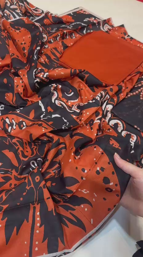 Zesh 3 Piece Orange & Black Lawn Suit | Bold Summer Collection
