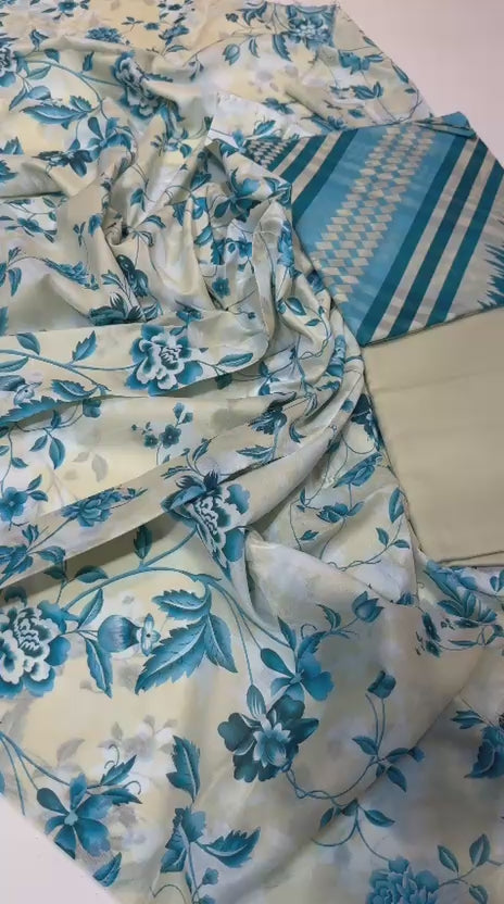 Zesh 3 Piece White & Blue Lawn Suit | Breezy Summer Wear